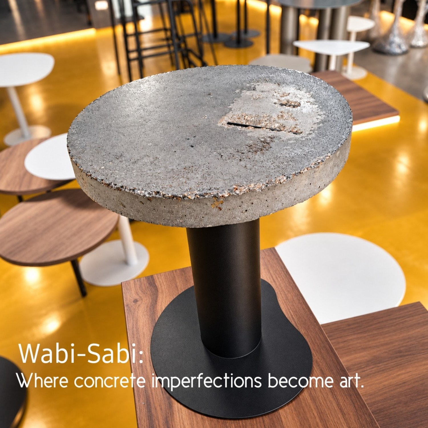 Wabi-Sabi concrete table with black metal pedestal