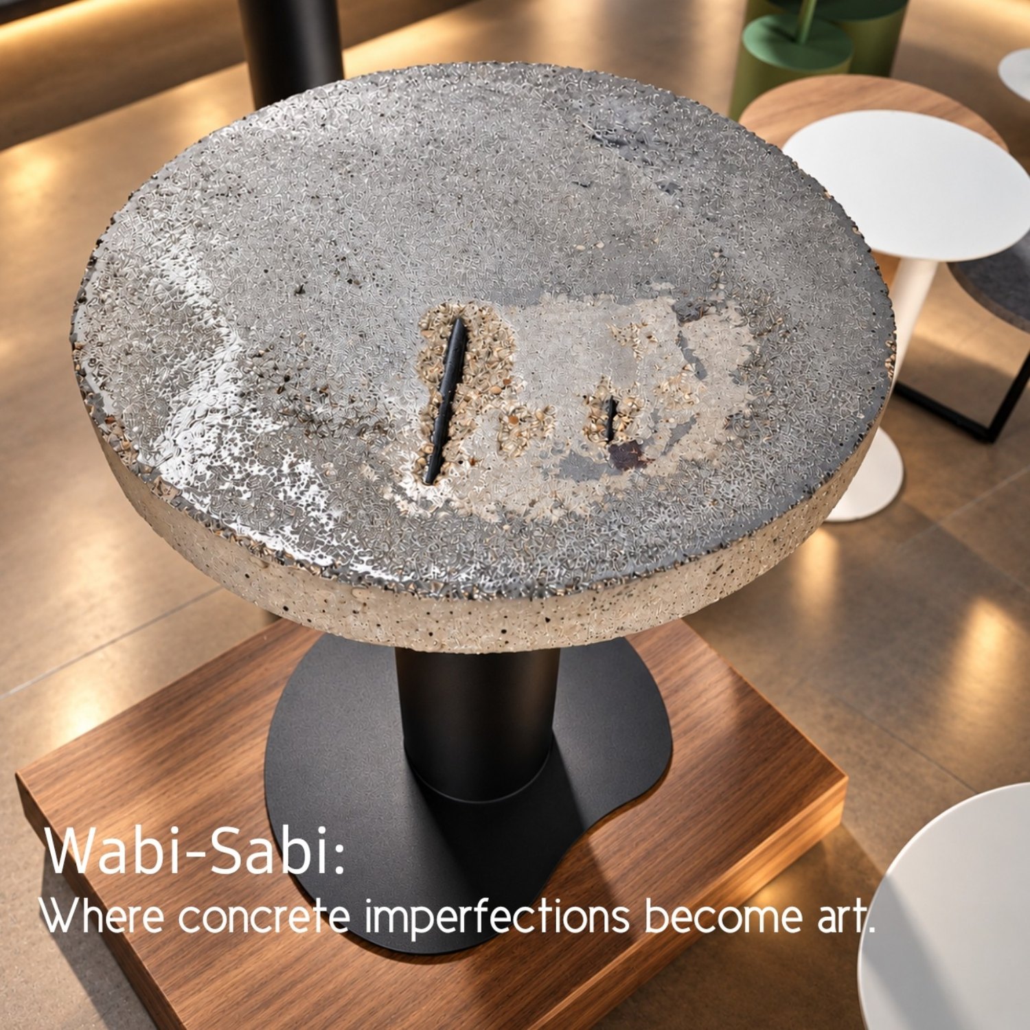 Wabi-Sabi concrete tabletop with a black pedestal base
